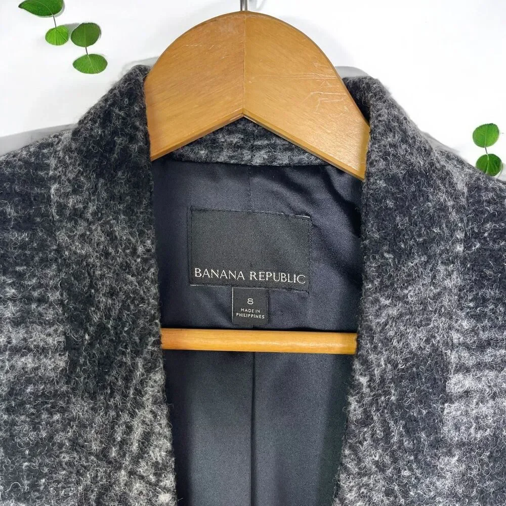 Banana Republic Brushed Charcoal Plaid Wool Blend Open Front Blazer